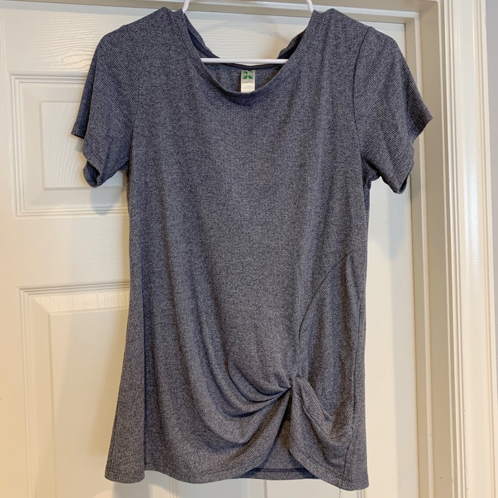 Blueish/grey shirt with gathered detailing in the front